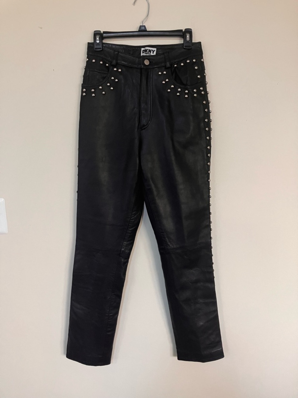 Vintage DKNY Black Leather Studded High-Rise Women’s Pants Size 8 Inseam 30”
